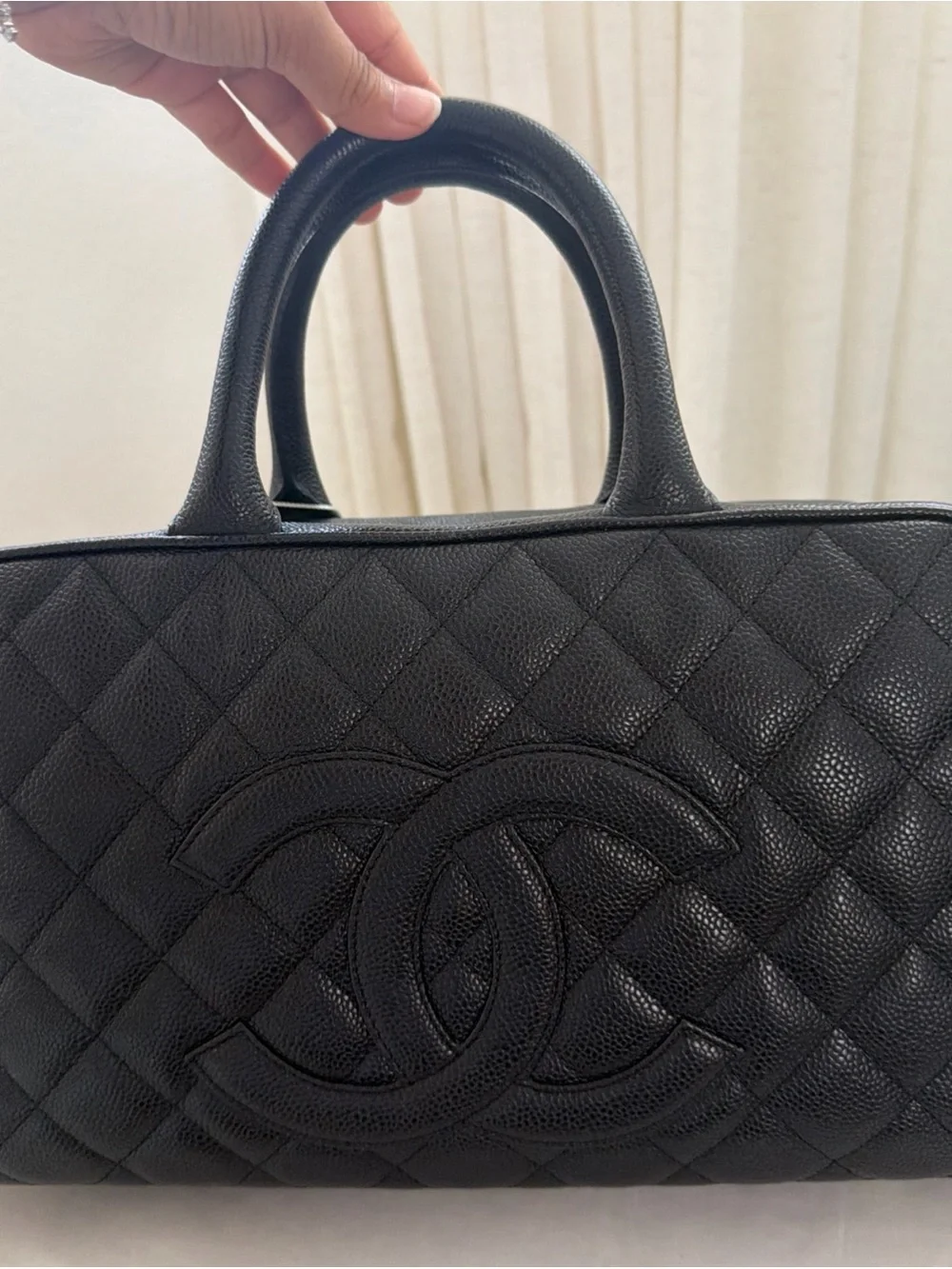 CHANEL Black Bowling Handbag Caviar Leather